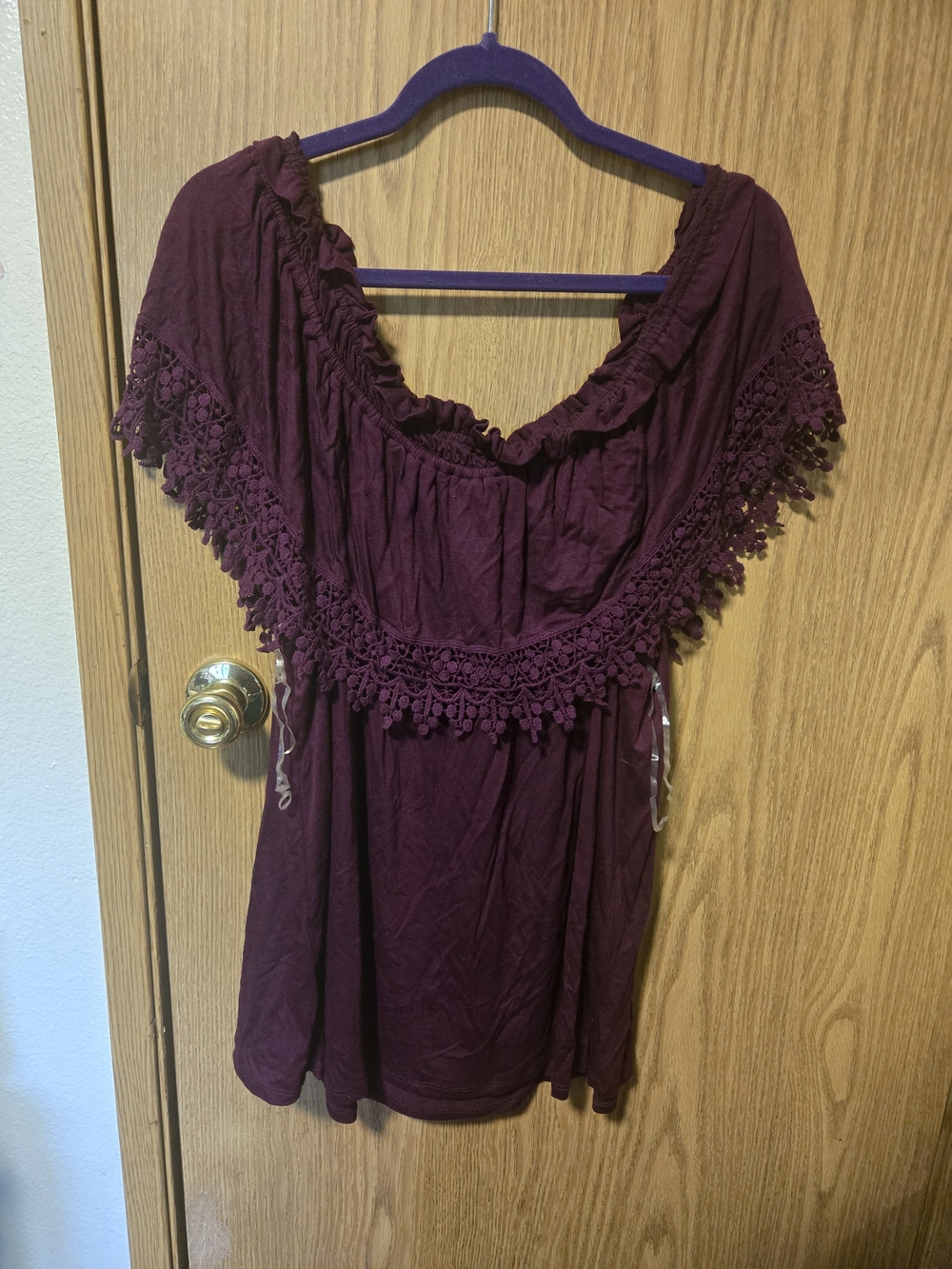 Lane Bryant Boho Crochet Trim Off-Shoulder Top in Plum